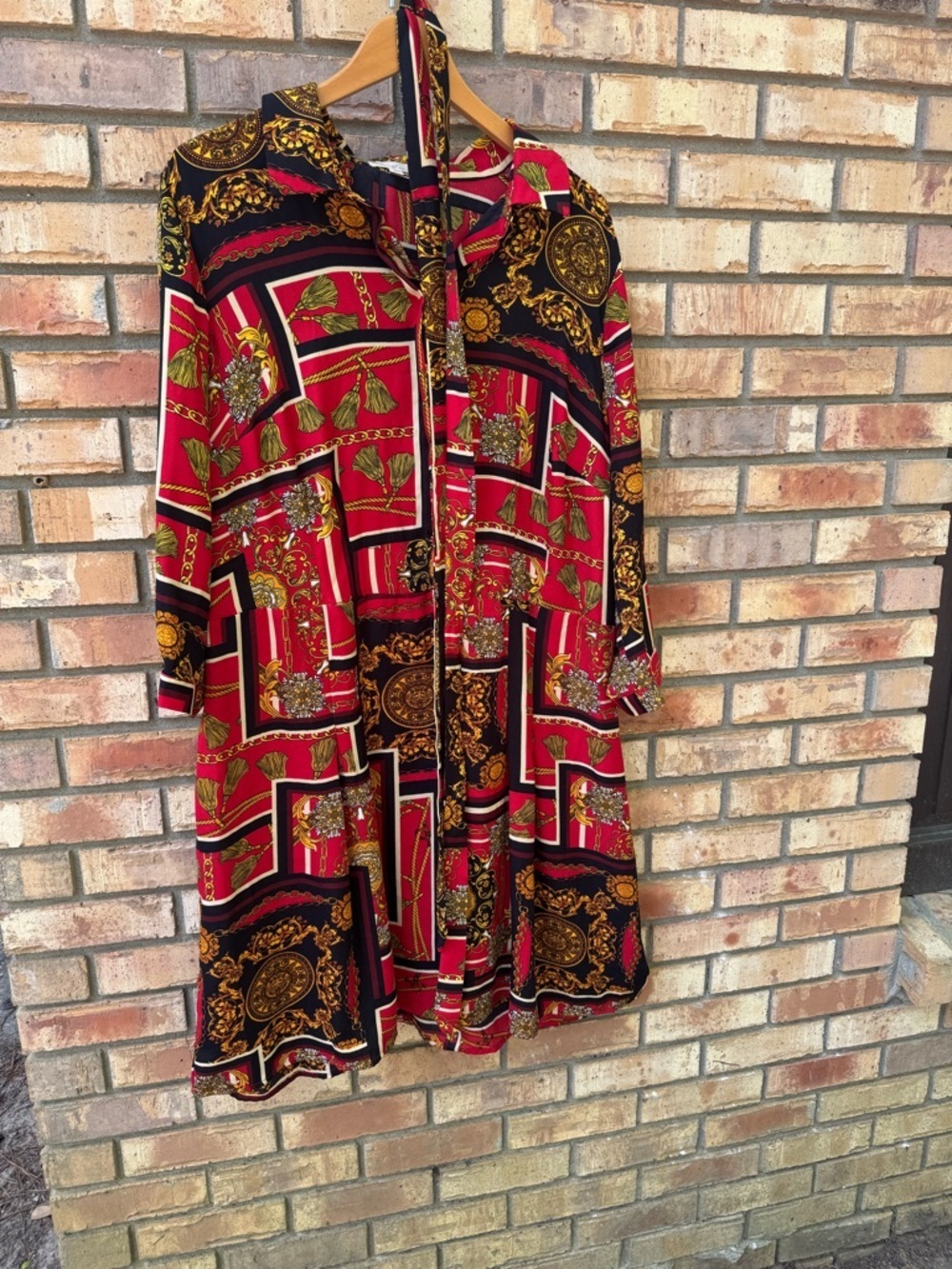 BeBop Red, Black & Gold Patterned Long Sleeve Dress